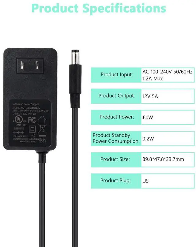 Alt view image 5 of 6 - 12V 5A DC Power Supply Adapter,UL Listed 12V 60W Power Supply with 5.5x2.1mm Plug&LED Plug,100V-240V 50-60Hz AC/DC Power Adapter 12 Volt 5Amp Power Supply for LED Strip Lights CCTV Camera