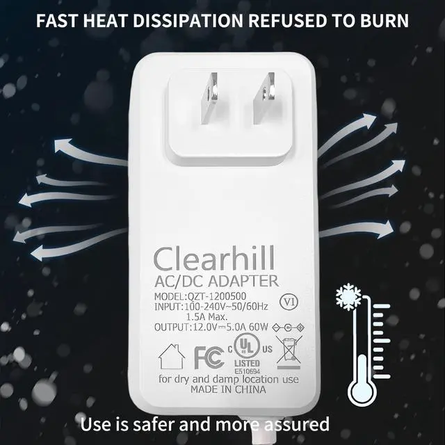 Alt view image 3 of 7 - 12V 5A 60W Power Supply Adapter,Wall-Mounted Transformer Charger Plug,Featuring DC 5.5x2.1mm Male Connectors,1.2m Cable,for LED Strip Lights,Routers,TV Cameras,etc.(White)