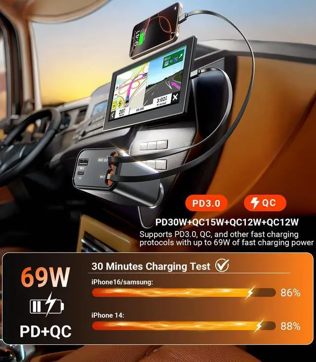 Alt view image 3 of 7 - Retractable Car Charger69W Fast Charging 4 in 1 USB C Car Phone Charger Cigarette Lighter Adapter180°Rotation iPhone Car Adapter Road Trip Essentials for iPhone 16 15 14 iPad Galaxy Pixel