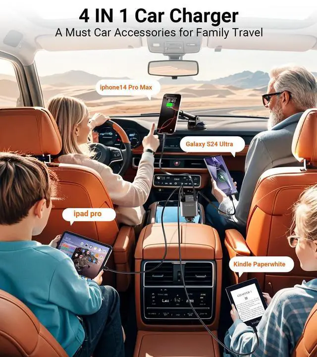 Alt view image 4 of 7 - Retractable Car Charger69W Fast Charging 4 in 1 USB C Car Phone Charger Cigarette Lighter Adapter180°Rotation iPhone Car Adapter Road Trip Essentials for iPhone 16 15 14 iPad Galaxy Pixel