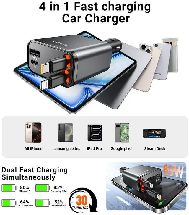 Alt view image 6 of 7 - Retractable Car Charger69W Fast Charging 4 in 1 USB C Car Phone Charger Cigarette Lighter Adapter180°Rotation iPhone Car Adapter Road Trip Essentials for iPhone 16 15 14 iPad Galaxy Pixel