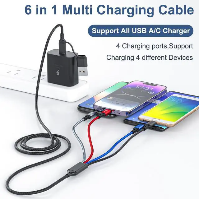 Alt view image 2 of 7 - 6 in 1 Multi Charging Cable 2Pack - 6FT USB Cable 3A Charger Cable Braided Universal USB A/C Charging Cord With 2*IP/Type C/Micro USB Port for Cell Phone/Tablets