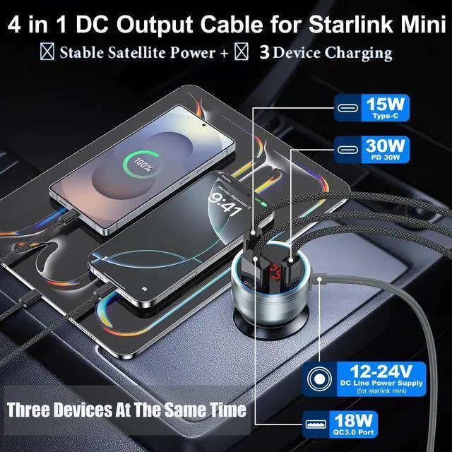 Alt view image 4 of 7 - Starlink Mini Cable 10ft,4-in-1 Starlink Mini Car Charger DC Power Cable,12V-24V Cigarette Lighter Adapter with Display for Starlink Accessories,PD 30W+QC 18W+Type C 15W Car Power Supply