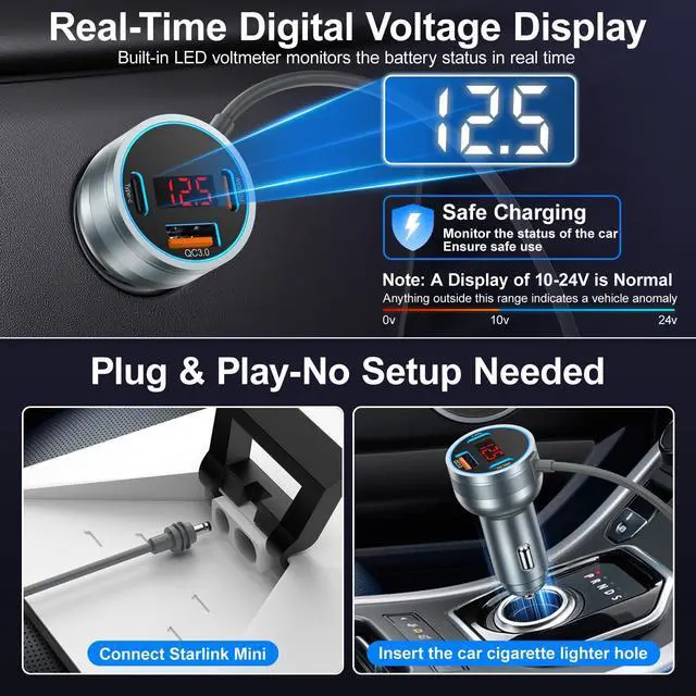 Alt view image 5 of 7 - Starlink Mini Cable 10ft,4-in-1 Starlink Mini Car Charger DC Power Cable,12V-24V Cigarette Lighter Adapter with Display for Starlink Accessories,PD 30W+QC 18W+Type C 15W Car Power Supply