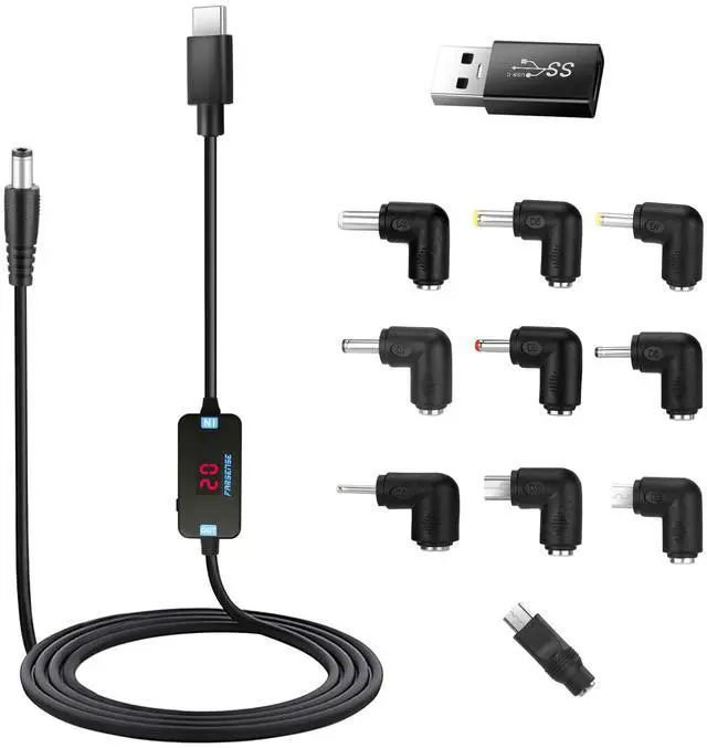 Main image of USB C to DC Adapter,Barrel PD Trigger Cable(3.3ft) with 10 Connector Tips,USB to DC Power Cable can Switch Voltage by Pressing The Key,Support LED Display Voltage