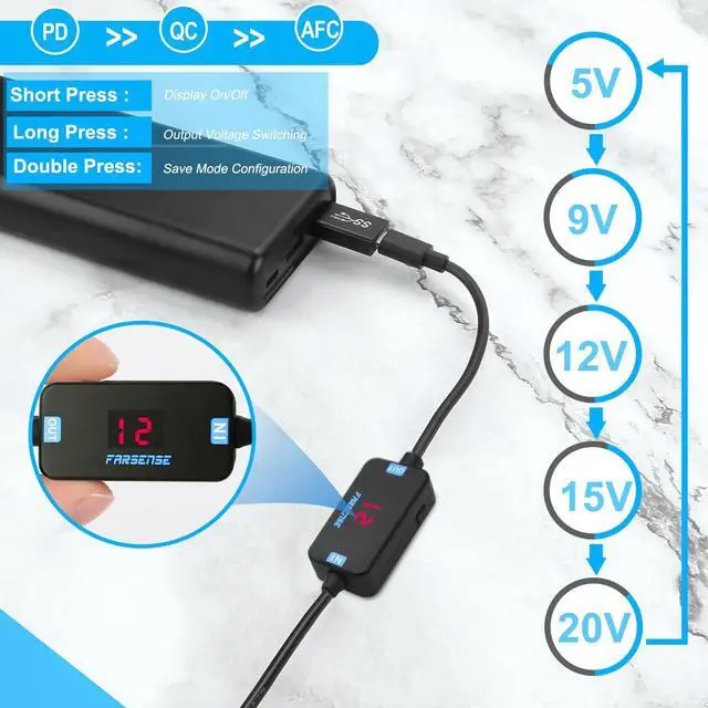 Alt view image 4 of 7 - USB C to DC Adapter,Barrel PD Trigger Cable(3.3ft) with 10 Connector Tips,USB to DC Power Cable can Switch Voltage by Pressing The Key,Support LED Display Voltage
