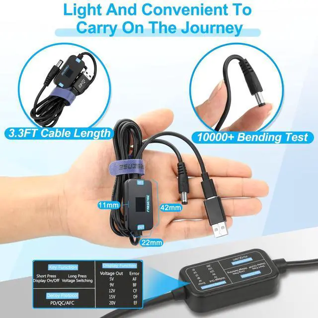 Alt view image 6 of 7 - USB C to DC Adapter,Barrel PD Trigger Cable(3.3ft) with 10 Connector Tips,USB to DC Power Cable can Switch Voltage by Pressing The Key,Support LED Display Voltage