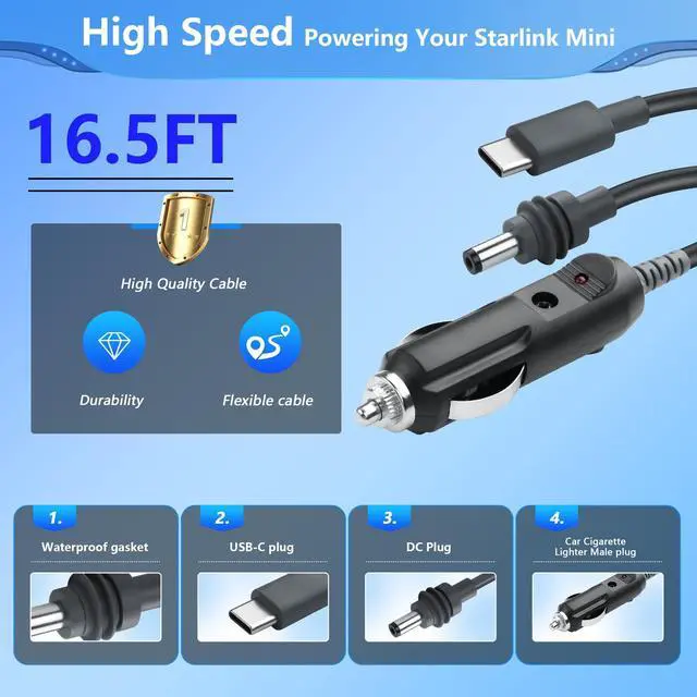Alt view image 5 of 7 - 16.5FT Starlink Mini 3 in 1 DC Power Cable,100W 12V-24V DC Male to USB-C & Cigarette Lighter Plug Waterproof Extension Cable, Starlink Mini Power Accessories for Laptops, Camping