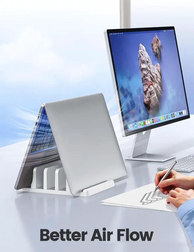 Alt view image 3 of 7 - 3-Slot Vertical Laptop Stand Made of Premium ABS Plastics 5 in 1 Design Space-Saving Adjustable Desk Organizer for All MacBook/Chromebook/Surface (White)