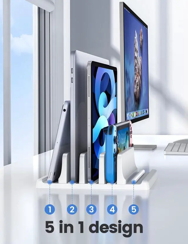 Alt view image 2 of 7 - 3-Slot Vertical Laptop Stand Made of Premium ABS Plastics 5 in 1 Design Space-Saving Adjustable Desk Organizer for All MacBook/Chromebook/Surface (White)