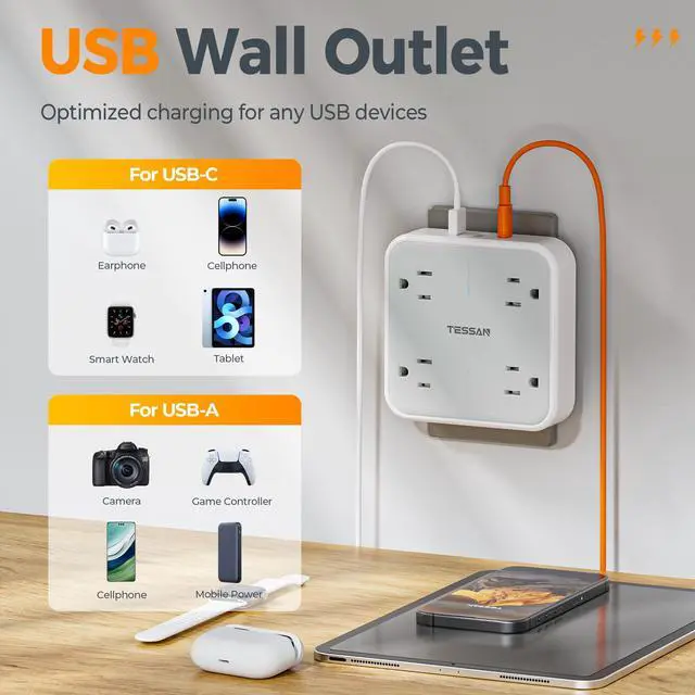 Alt view image 2 of 5 - Multi Plug Outlet Extender, Outlet Splitter with 3 USB (1 USB C Port) Wall Charger with No Surge Protection, Multiple Expander for Travel, Home, College Dorm Room