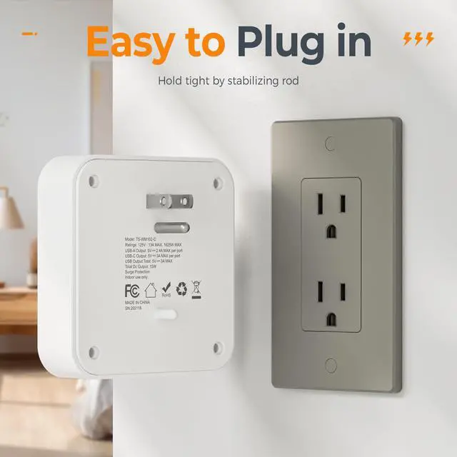Alt view image 3 of 5 - Multi Plug Outlet Extender, Outlet Splitter with 3 USB (1 USB C Port) Wall Charger with No Surge Protection, Multiple Expander for Travel, Home, College Dorm Room