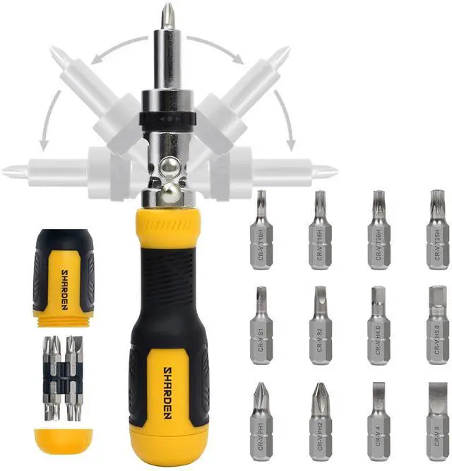 Main image of Ratcheting Multi Bit Screwdriver - 13-in-1 Tool Set, Flat Head/Square/Torx/Hex/Phillips, 180 Degree Pivoting Adjustable Angle Magnetic Screwdriver