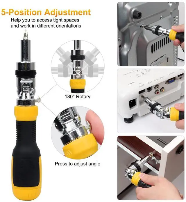 Alt view image 3 of 7 - Ratcheting Multi Bit Screwdriver - 13-in-1 Tool Set, Flat Head/Square/Torx/Hex/Phillips, 180 Degree Pivoting Adjustable Angle Magnetic Screwdriver