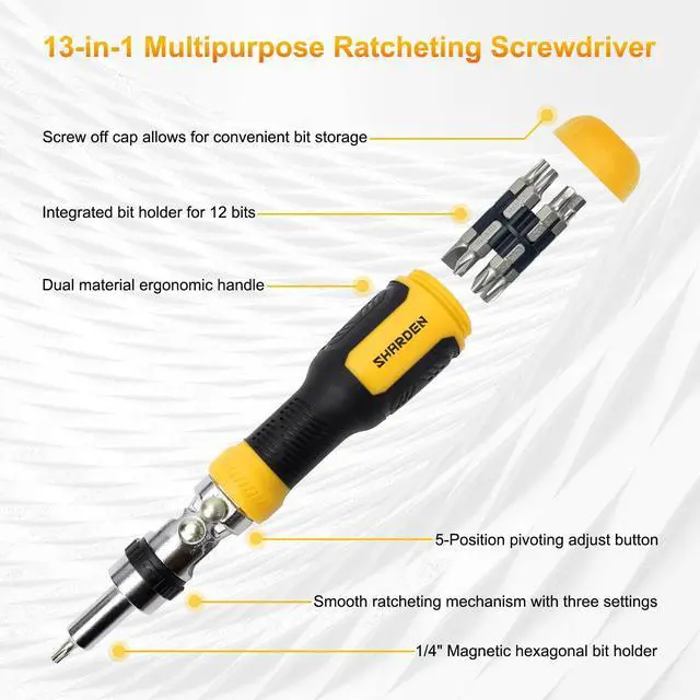 Alt view image 5 of 7 - Ratcheting Multi Bit Screwdriver - 13-in-1 Tool Set, Flat Head/Square/Torx/Hex/Phillips, 180 Degree Pivoting Adjustable Angle Magnetic Screwdriver