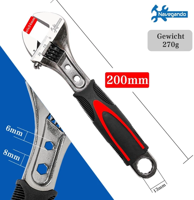 Alt view image 2 of 7 - 8 Inch Adjustable Wrench, High Carbon Steel, Non-Slip Grip | Drop Forged High Carbon Steel 8 Inch Adjustable Wrench, 6-24mm Jaw Opening, Non-Slip Grip for Home DIY & Daily Repair