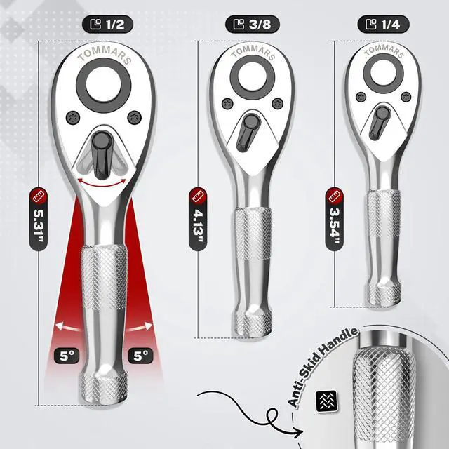 Alt view image 3 of 7 - Stubby Ratchet Set 1/4" 3/8" 1/2" Drive Socket Wrench | Hand Tool for Mechanics, 72 Tooth 5-degree swing arc, Quick Release, Reversible