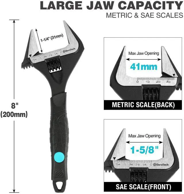 Alt view image 2 of 7 - 8-Inch Wide Jaw Adjustable Wrench | Black Oxide Finish Plumbing Wrench, CR-V Steel, SAE and Metric Scale Marked, Ergonomic Grip