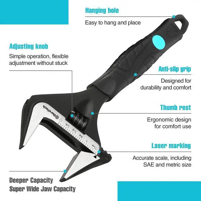 Alt view image 3 of 7 - 8-Inch Wide Jaw Adjustable Wrench | Black Oxide Finish Plumbing Wrench, CR-V Steel, SAE and Metric Scale Marked, Ergonomic Grip