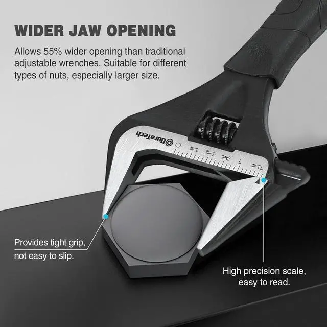Alt view image 4 of 7 - 8-Inch Wide Jaw Adjustable Wrench | Black Oxide Finish Plumbing Wrench, CR-V Steel, SAE and Metric Scale Marked, Ergonomic Grip