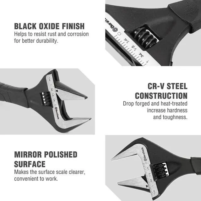 Alt view image 5 of 7 - 8-Inch Wide Jaw Adjustable Wrench | Black Oxide Finish Plumbing Wrench, CR-V Steel, SAE and Metric Scale Marked, Ergonomic Grip
