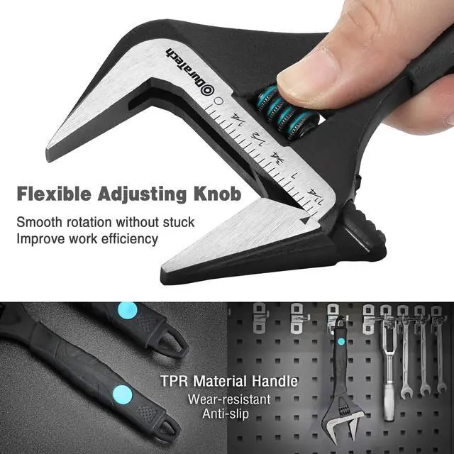 Alt view image 6 of 7 - 8-Inch Wide Jaw Adjustable Wrench | Black Oxide Finish Plumbing Wrench, CR-V Steel, SAE and Metric Scale Marked, Ergonomic Grip