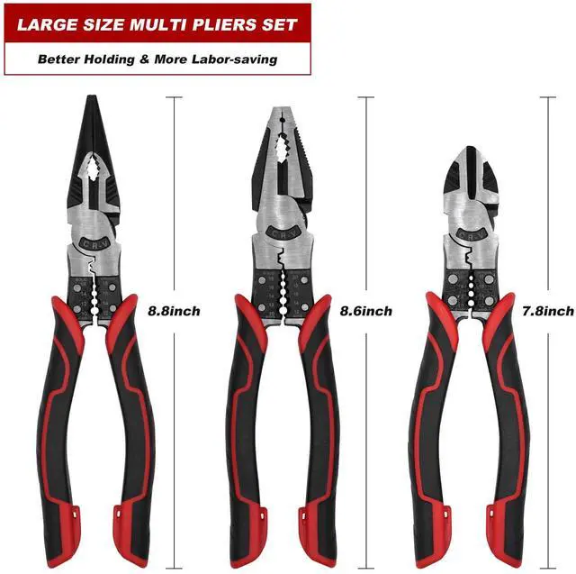 Alt view image 2 of 4 - 3Pcs Heavy Duty Pliers Set, 5 in 1 Linesman/Diagonal Side Cutting/Needle Nose Pliers with Wire Stripper,Crimper and Cutter Function