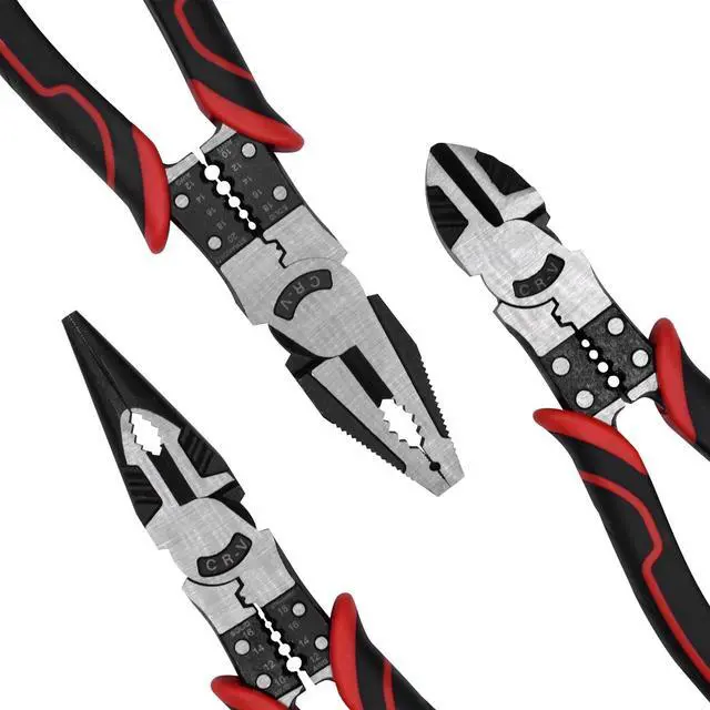 Alt view image 3 of 4 - 3Pcs Heavy Duty Pliers Set, 5 in 1 Linesman/Diagonal Side Cutting/Needle Nose Pliers with Wire Stripper,Crimper and Cutter Function