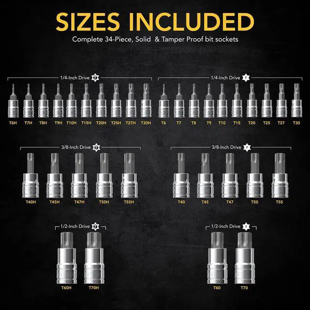 Alt view image 6 of 7 - Master TORX Bit Socket Set, Premium S2 Alloy Steel | Complete 34-Piece, Solid Star & Tamper Proof T6 ~ T70 | Enhanced Storage Case (LX-149)