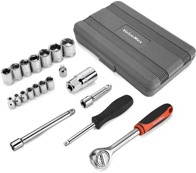 Alt view image 2 of 7 - Metric 1/4" & 3/8" Drive Socket Set, 21PCS 4-19mm Socket Wrench Set, Car Tool Kit with Ratchet Wrench, Extension Bars, Adapter, Spinner Handle and Storage Case, for Automotive Repair