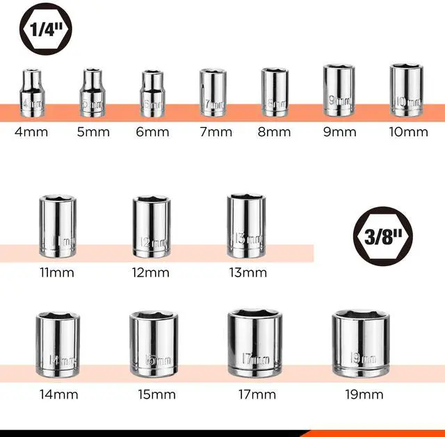Alt view image 4 of 7 - Metric 1/4" & 3/8" Drive Socket Set, 21PCS 4-19mm Socket Wrench Set, Car Tool Kit with Ratchet Wrench, Extension Bars, Adapter, Spinner Handle and Storage Case, for Automotive Repair