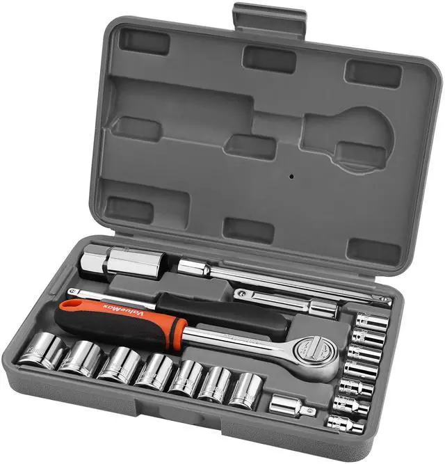 Main image of Metric 1/4" & 3/8" Drive Socket Set, 21PCS 4-19mm Socket Wrench Set, Car Tool Kit with Ratchet Wrench, Extension Bars, Adapter, Spinner Handle and Storage Case, for Automotive Repair