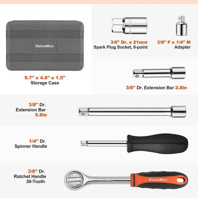 Alt view image 5 of 7 - Metric 1/4" & 3/8" Drive Socket Set, 21PCS 4-19mm Socket Wrench Set, Car Tool Kit with Ratchet Wrench, Extension Bars, Adapter, Spinner Handle and Storage Case, for Automotive Repair