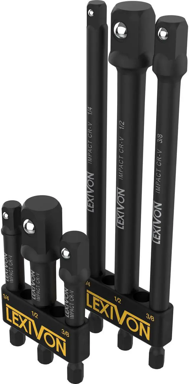 Main image of 6-Piece Impact Grade Socket Adapter Set - 3" & 6" Extension Bit With Holder | 1/4", 3/8", and 1/2" Drive, Adapt Your Power Drill To High Torque Impact Wrench (LX-105)