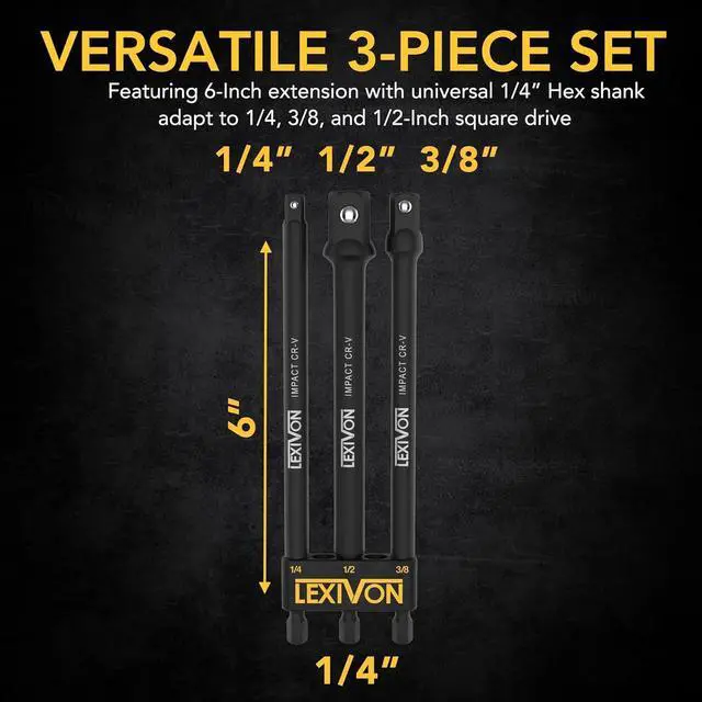 Alt view image 5 of 5 - 6-Piece Impact Grade Socket Adapter Set - 3" & 6" Extension Bit With Holder | 1/4", 3/8", and 1/2" Drive, Adapt Your Power Drill To High Torque Impact Wrench (LX-105)