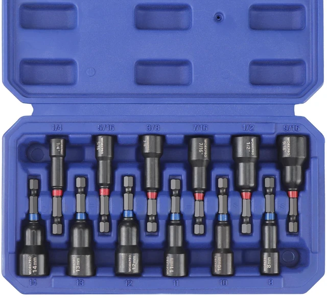 Main image of 12 PCS Magnetic Nut Driver Set, Premium Impact Power Hex Nut Driver Drill Bit Master Kit, SAE (1/4" to 9/16") and Metric (6-14mm), 1/4" Hex Shank and Quick-Change, Cr-V Steel