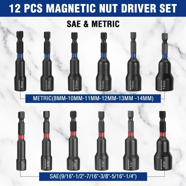 Alt view image 2 of 7 - 12 PCS Magnetic Nut Driver Set, Premium Impact Power Hex Nut Driver Drill Bit Master Kit, SAE (1/4" to 9/16") and Metric (6-14mm), 1/4" Hex Shank and Quick-Change, Cr-V Steel