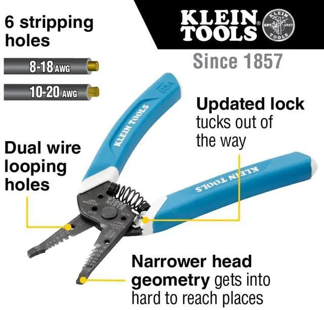 Alt view image 2 of 7 - Klein Tools K11095 Klein-Kurve Wire Stripper and Cutter, Made in USA, for 8-18 AWG Solid and 10-20 AWG Stranded Wire