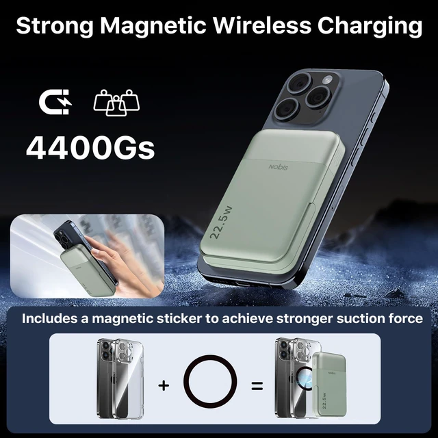 Alt view image 3 of 6 - NOBIS Magnetic Power Bank 22.5W 10000mAh Portable Charger with Stand | 15W Wireless Battery Pack with LED Display, USB-C In/Out Battery Bank for iPhone, Android and More