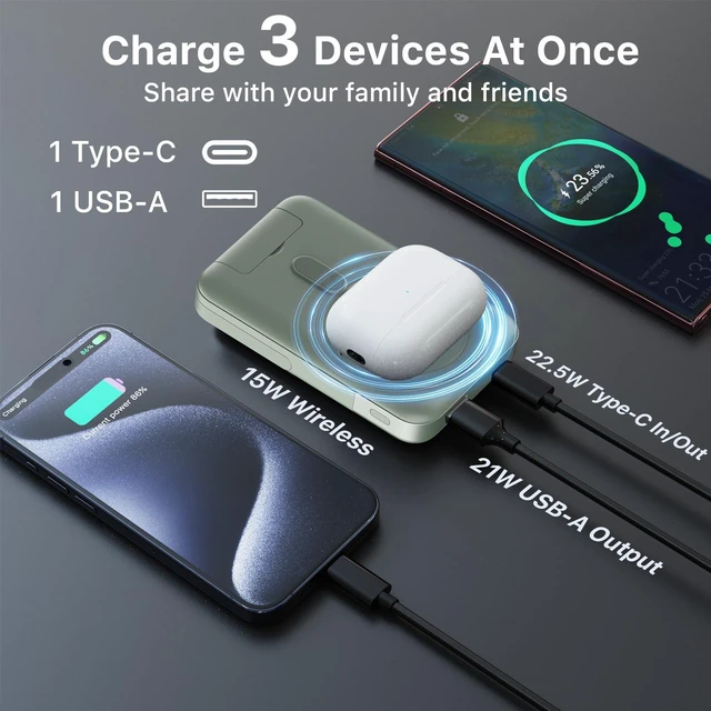 Alt view image 5 of 6 - NOBIS Magnetic Power Bank 22.5W 10000mAh Portable Charger with Stand | 15W Wireless Battery Pack with LED Display, USB-C In/Out Battery Bank for iPhone, Android and More