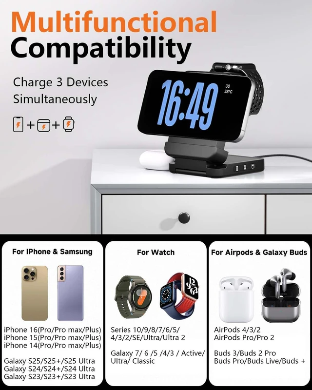 Alt view image 4 of 7 - 3 in 1 Foldable Wireless Charger, 15W Qi2 Magnetic Charger Stand | For iPhone & Samsung, Apple Watch & Galaxy Watch, AirPods & Galaxy Buds, Travel-Friendly, 25W PD Adapter Included