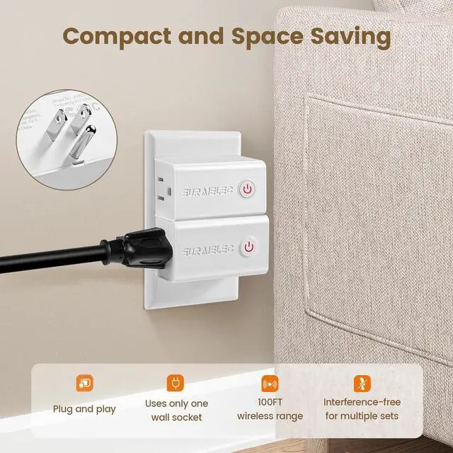 Alt view image 3 of 7 - Remote Control Outlet, Wireless Remote Light Switch, 100 FT, 15A/1875W, No Interference, Expandable Indoor Compact Side Outlet Plug for Lamps, Fans, Christmas Trees, Small Appliances