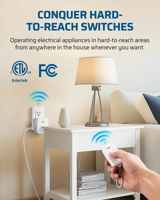 Alt view image 4 of 7 - Indoor Remote Outlet, Wireless Remote Light Switch | 2 Side Outlets, No Interference, No Wiring, 100FT RF Range, 15A/1875W, Compact Design, Programmable for Lights Fans Chargers
