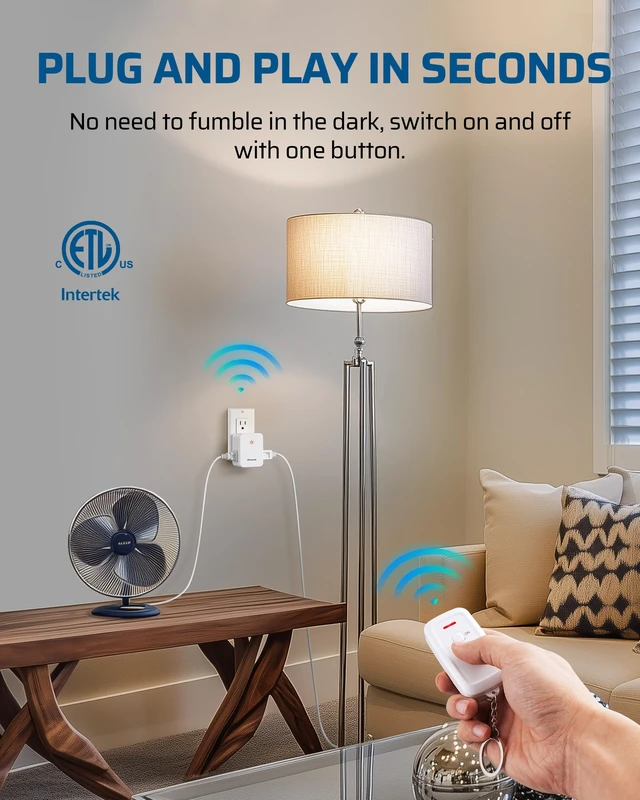 Alt view image 3 of 7 - Indoor Remote Outlet, Wireless Remote Light Switch | 2 Side Outlets, No Interference, No Wiring, 100FT RF Range, 15A/1875W, Compact Design, Programmable for Lights Fans Chargers