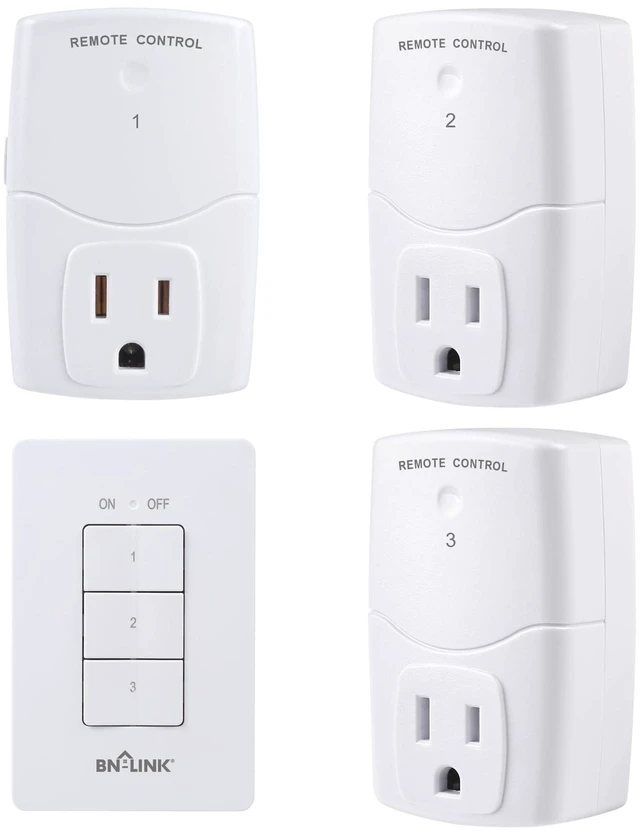 Main image of Mini Wireless Wall-Mounting Remote Control Outlet Switch Power Plug in for Household Appliances, Wireless Remote Light Switch, LED Light Bulbs, White (3 Outlets)