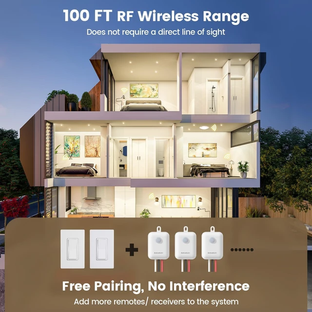 Alt view image 4 of 7 - Upgrade Antenna 3 Way Wireless Light Switch Kit, No Wall Wiring | Stable RF Signal in Metal Boxes, 100 ft Range, 15A Decorator Rocker Remote Light Switch with Receiver, Neutral Wire Required