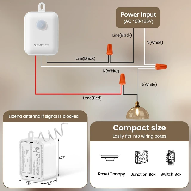 Alt view image 5 of 7 - Upgrade Antenna 3 Way Wireless Light Switch Kit, No Wall Wiring | Stable RF Signal in Metal Boxes, 100 ft Range, 15A Decorator Rocker Remote Light Switch with Receiver, Neutral Wire Required