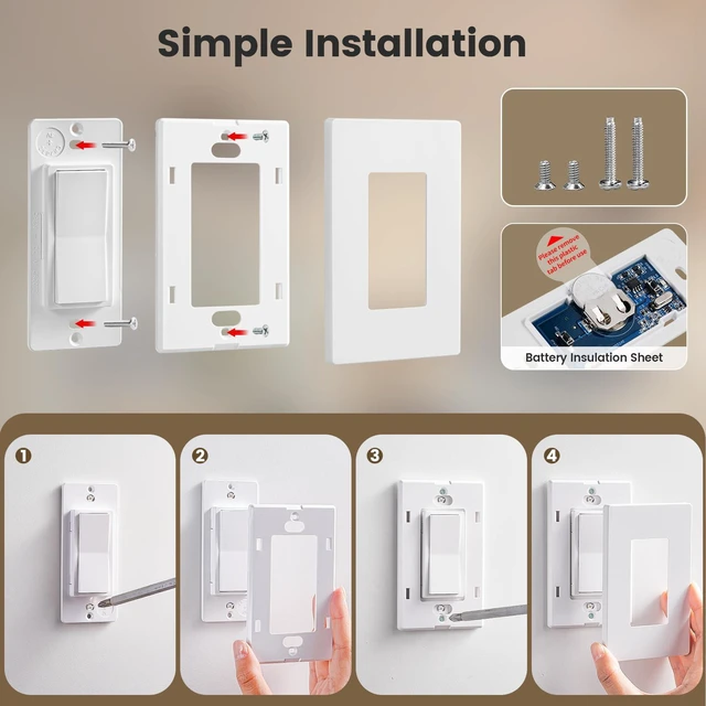 Alt view image 7 of 7 - Upgrade Antenna 3 Way Wireless Light Switch Kit, No Wall Wiring | Stable RF Signal in Metal Boxes, 100 ft Range, 15A Decorator Rocker Remote Light Switch with Receiver, Neutral Wire Required
