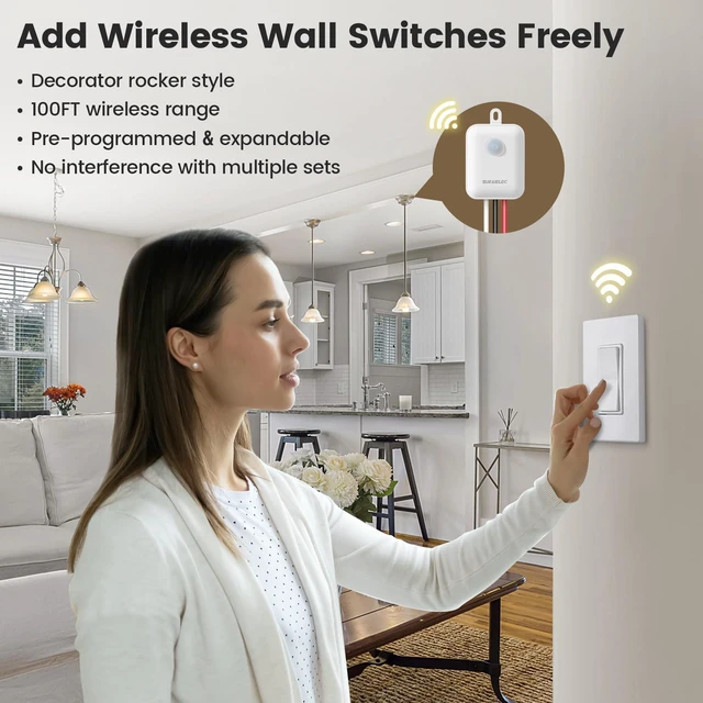 Alt view image 2 of 7 - Upgraded Antenna Wireless Light Switch Kit, Decorator Wall Plate | Stable RF Signal in Metal Boxes, 100 ft Range, 15 AMP Decora Rocker Remote Light Switch with Receiver, Neutral Wire Required