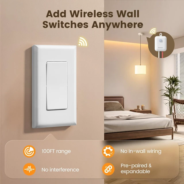 Alt view image 2 of 7 - Wireless Light Switch and Receiver Kit, 15A RF Remote Control | Single Pole, No Wiring, No Interference, 100 ft Range, Expandable Remote Switch for Ceiling Lamp & Fan, Neutral Wire Required